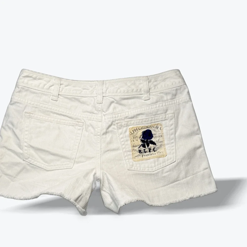 Ralph Lauren Denim Shorts Kids Size 14 White Raw Hem Blue Rose Patch Cotton